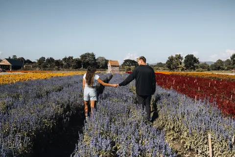Maddie leading Malakai by the hand through rows of purple and red flowers